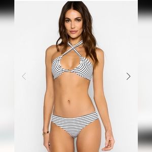 Beach Bunny Georgia Halter Bikini Top XL NWT Ribbed Black White Stripe